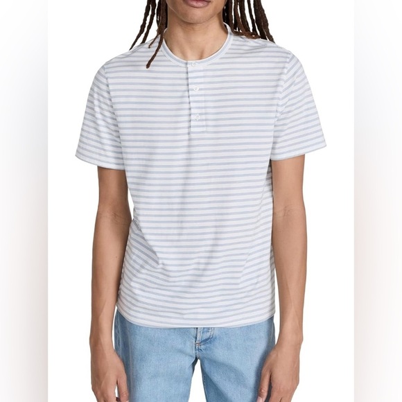 Vince NEP Stripe Henley Tee in Chalk Blue/Off White